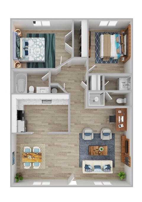 Floor plan for 2 beds, 2 baths, 980 sqft